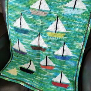 Handmade Crochet Sailboats Baby Blanket 23"x34" Nautical Blue Green Afghan Throw
